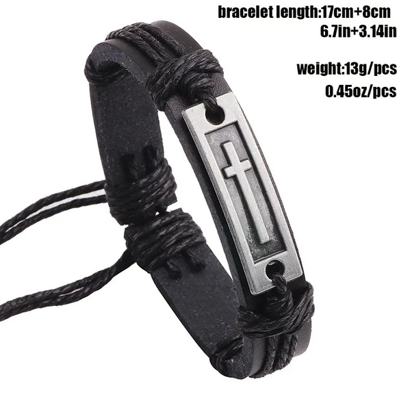 🕊Black Genuine Leather Silver Cross Adjustable Bracelet! - Picture 3 of 6